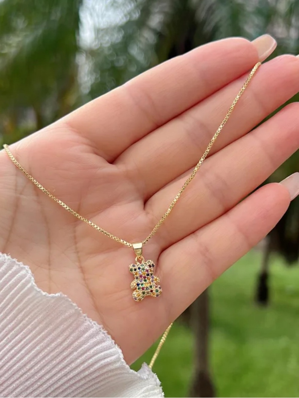 Gold Teddy Bear Pendant Necklace with Multicolor Stones - Women Jewelry